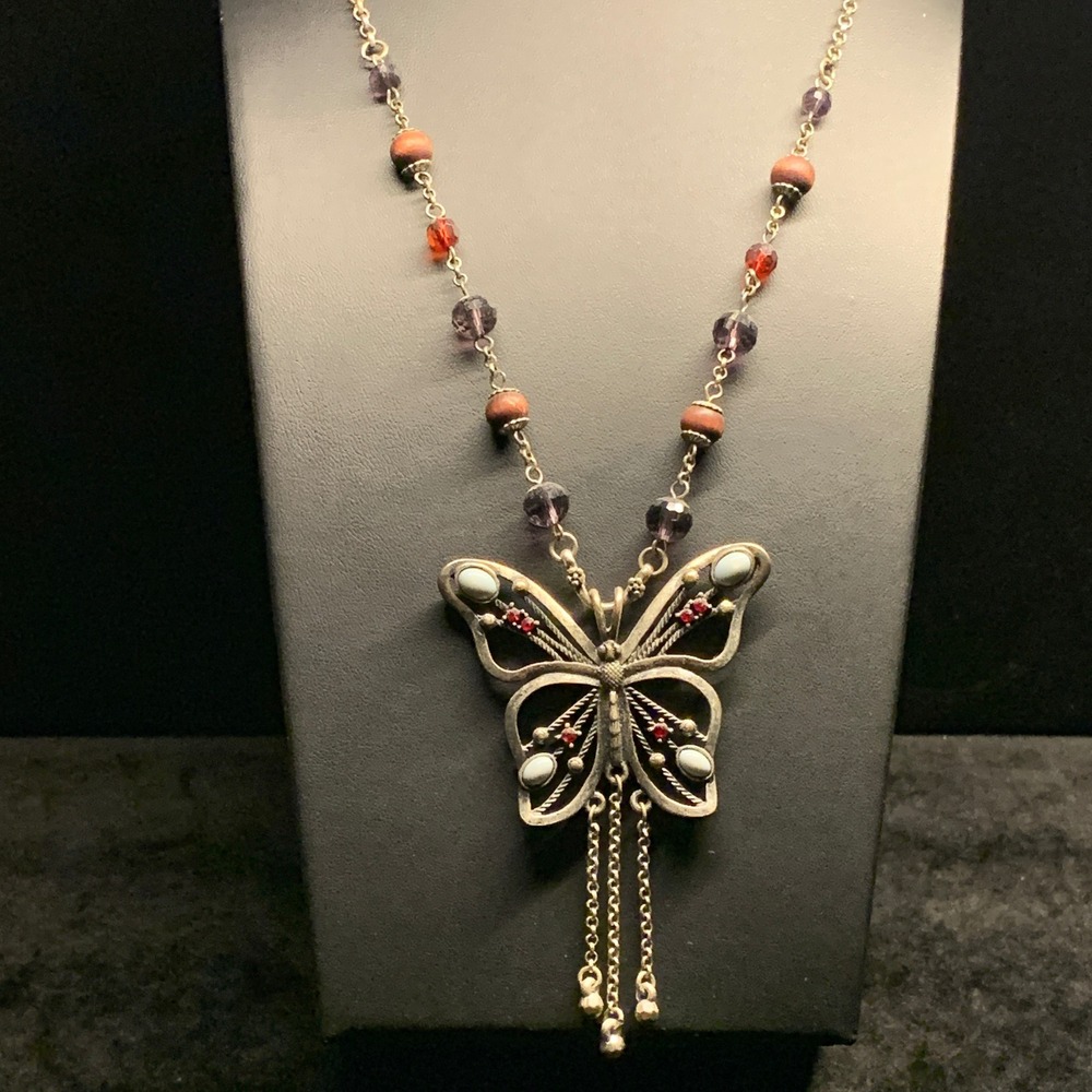 Lucky Brand Silver Tone Butterfly Pendant Necklace Boho Beaded Tassel Mixed